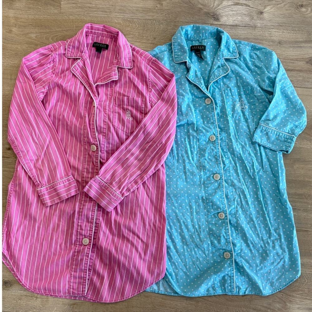 Lauren Ralph Lauren Sleep Shirt Nightgown Bundle Pink Stripe Blue Polka Dot